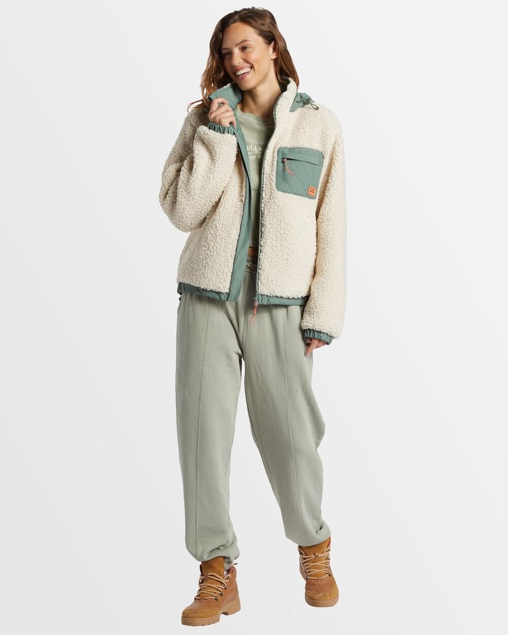 Billabong NWT Sea Spray Sherpa Fleece Hooded Zip Jacket Cream Green S Gorpcore